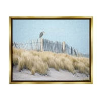 Птица на ступел, искривена наутичка плажа ограда пејзаж сликарство златен плови, врамен уметнички печатен wallид уметност