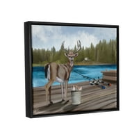 Смешен смешен рибарски елен камп езеро животни и инсекти сликање црна пловила врамена уметничка печатена wallидна уметност