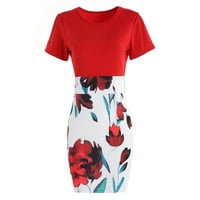 Фустан За Жени, Модни Жени Секси Краток Ракав Спојување Цвет Печатење Задникот Фустан Црвен XL