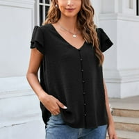 Женска лажичка вратна блуза обична цврста цврста v вратот на кратки ракави со кратки ракави лабава слатка маичка кошула