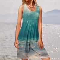 Земајќи Модни Женски Фустани Летни Лежерни Широки Елеци За Печатење На Плажа Со Кружен Врат Фустан Без Ракави Светло Сина XL