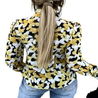 Womenените Пеперутка печати кошула со долги ракави со долги ракави на блузи со копче на Туника на врвовите на туниката