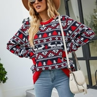Tklpehg женски џемпери плете џемпер есен зимски топол џемпер лабав долги ракави врвови мода Божиќно печатење обичен тркалезен