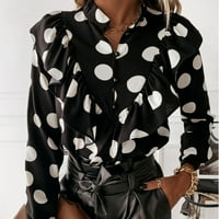 Женски Врвови Женски Модни Обични Копчиња За Печатење Со Долги Ракави V Вратот Маици Врвови Блуза Црна С