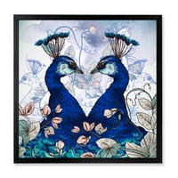 DesignArt 'Wildflowers со две сини пауни на традиционалното врамен уметнички печати