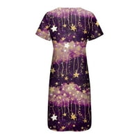 Женски Фустани Со Средна Должина V-Вратот Краток Ракав А-Линија Печатени Обични Жени Летен Фустан Со Џебови Виолетова XL