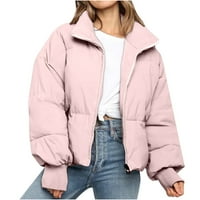 Зимска долга ракав Зип Пафер јакна за жени со кратки палта со џебови со џебови розова големина xs