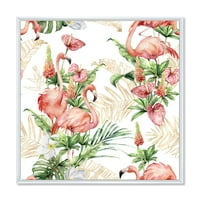 DesignArt 'Тропски цвеќиња и златни лисја со традиционално платно на розово фламингос.