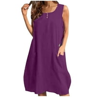 Виолетова Женска Мода Лабава Мода Еднобоен Џебен Фустан Без Ракави