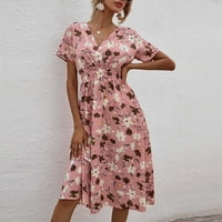 Clodeeu Жените Лето Повик Краток Ракав V-Вратот Цветни Фустани Тенок Фустан Розова 10